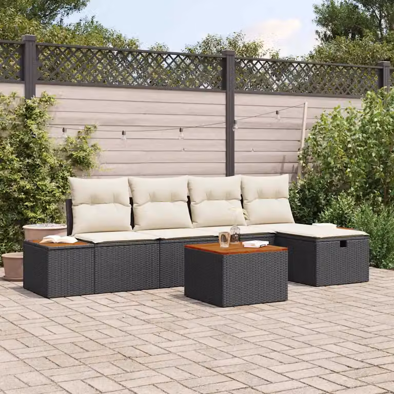 Set Divano da Giardino a L vidaXL 6 Pezzi in Polyrattan Nero con Cuscini e Tavolino