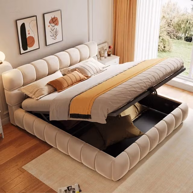 Letto imbottito matrimoniale contenitore ¨C Minimal ¨C Beige velluto 140x200cm con meccanismo idraulico