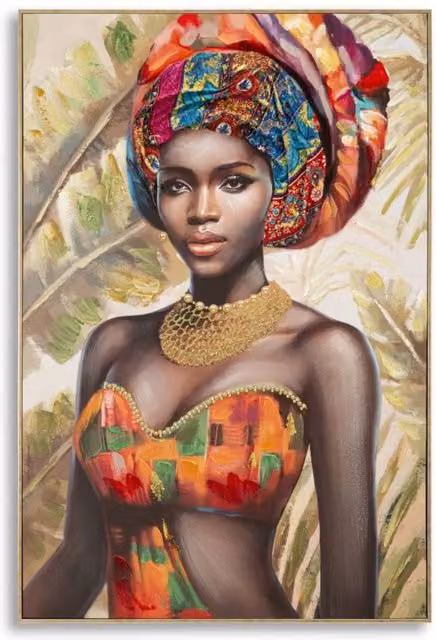 Dipinto su tela Deva B di Vikasa Home, ritratto femminile moderno con turbante multicolore, rosso, arancione, blu e oro, con cornice