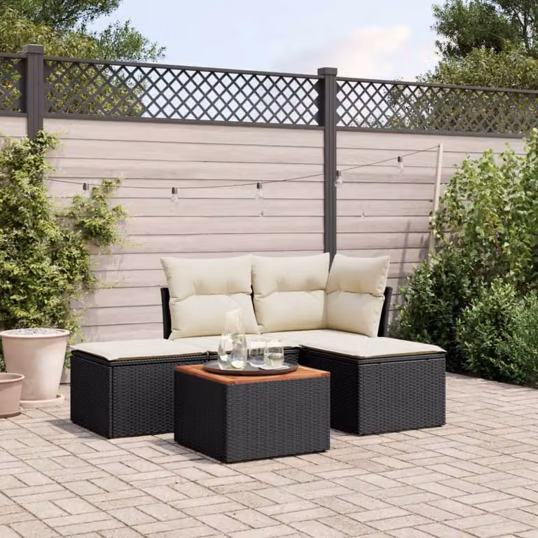 Set di Divani da Giardino vidaXL 5 Pezzi in Polyrattan con Cuscini e Tavolino da Caffè, Design Moderno a L con Elementi Angolari e Ottoman, Colore Nero
