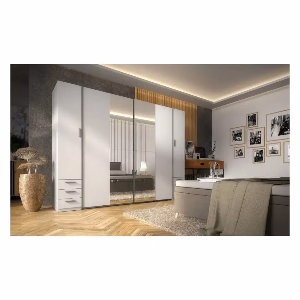 Armadio moderno Meublorama con 4 ante, specchio e cassetti integrati, Bianco, L: 264 cm, P: 55 cm, H: 208 cm – 2