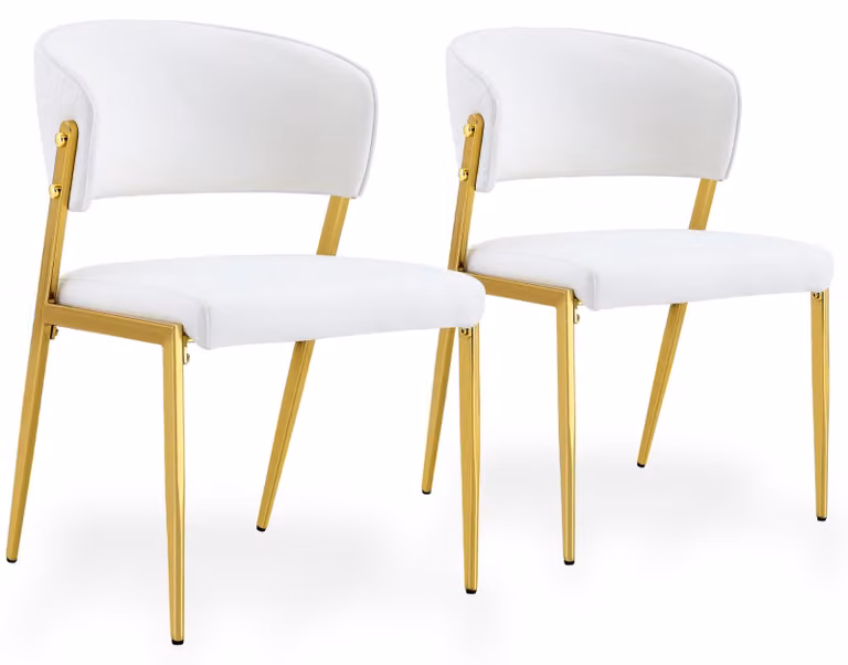 Set di 2 sedie da pranzo in ecopelle, con schienale imbottito e gambe in metallo, colore bianco/oro