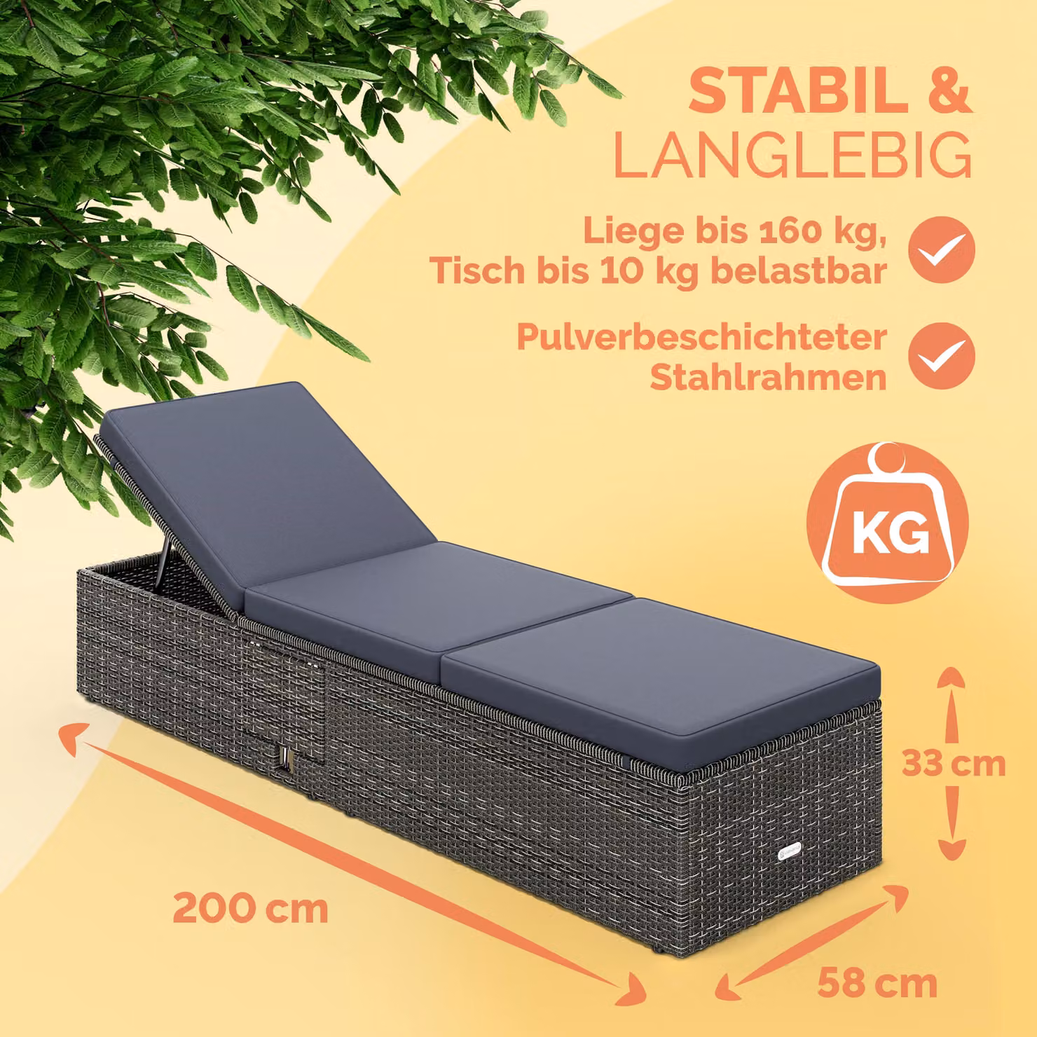 Lettino prendisole Casaria in polyrattan grigio antracite con poggiatesta regolabile e vassoio laterale L: 200 cm, P: 58 cm, H: 33 cm – 2