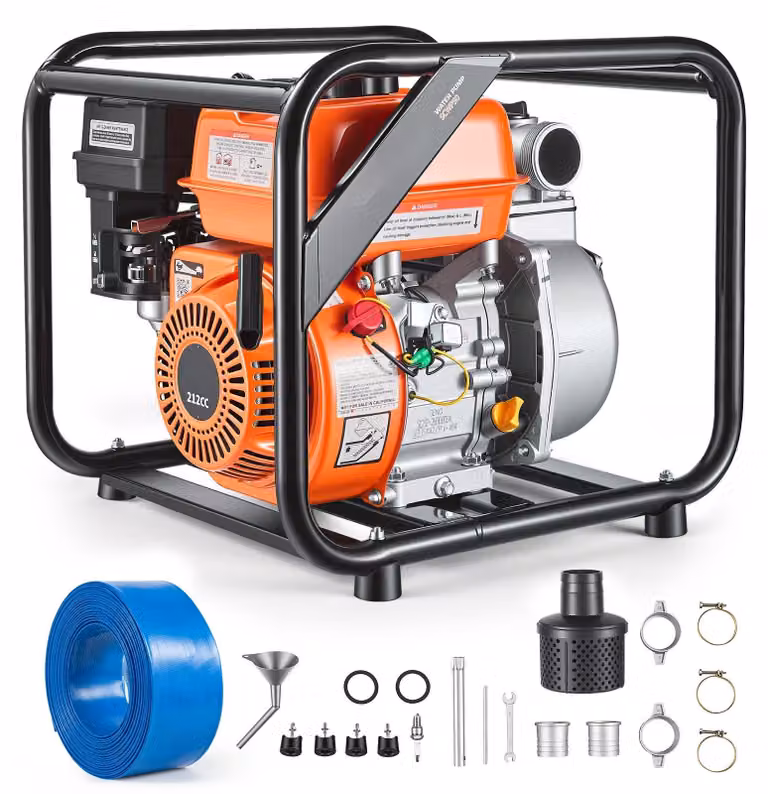 Pompa per acqua sporca a benzina - Pompa per acqua pulita - Pompa motore - Motore a benzina potente da 7 CV - Portata massima: 30 metri - Tubo di scarico da 7,6 metri - Girante in ghisa - Portatile, ideale per l'irrigazione del giardino, stagni e piscine