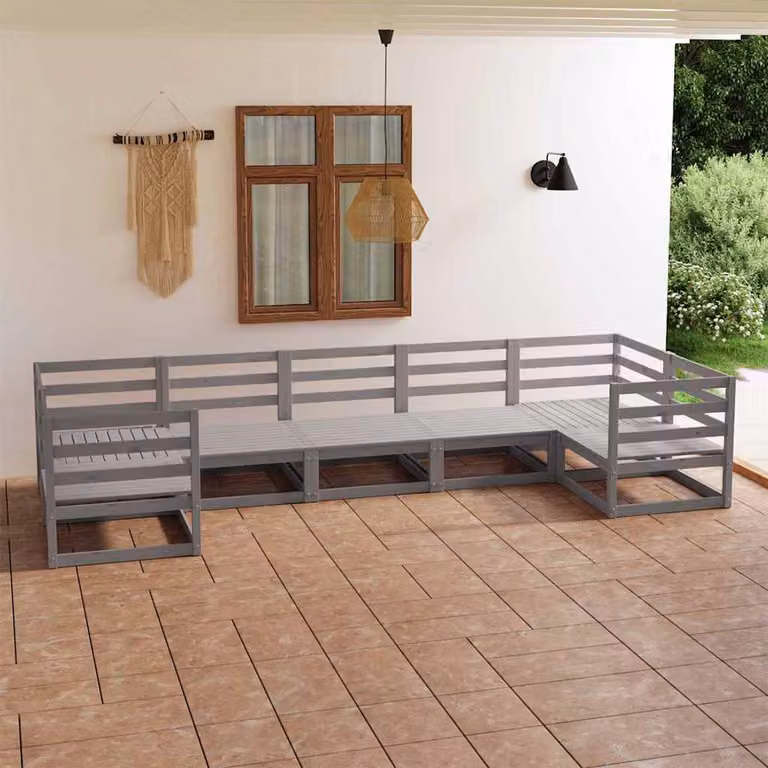 Set Salotto da Giardino vidaXL in Legno di Pino con Cuscini Grigio, 7 Pezzi