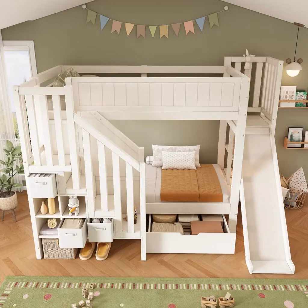 Letto a castello per bambini con scivolo, armadio scala, cassetti e ripiani, bianco, L/P/H: 245 x 105,2 x 166 cm – 2