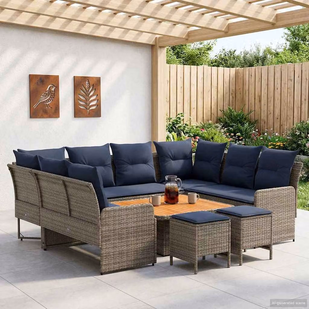 Set di mobili da giardino vidaXL a forma di L con sedute imbottite e tavolino, colore grigio e blu