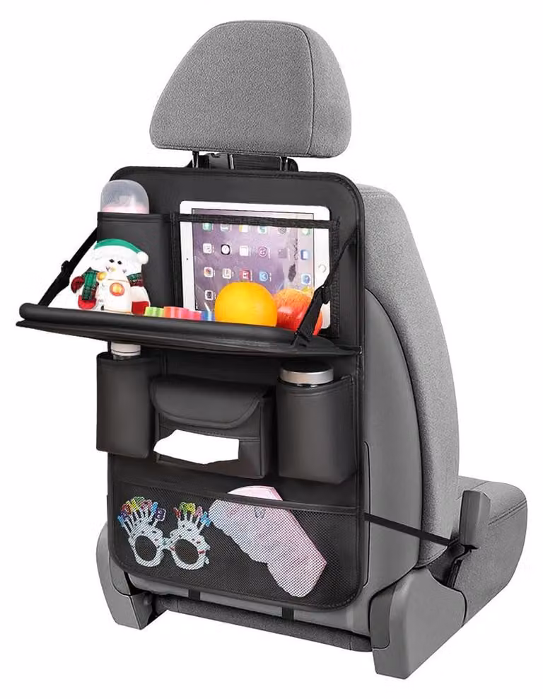 Organizzatore per seggiolino auto della marca Leer, con 8 scomparti e tavolino pieghevole