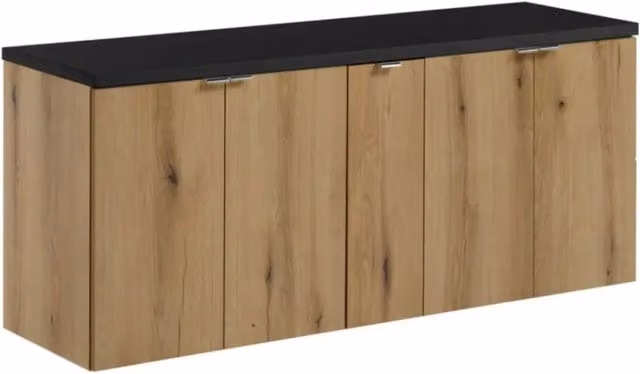 Set da bagno sospeso VANO in rovere e nero 140cm: mobiletti sotto lavabo con armadietti + piano per lavabo