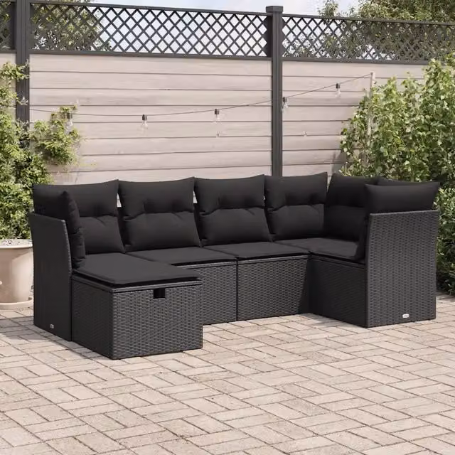 Set Divano da Giardino 6 pz con Cuscini Nero in Polyrattan 3325281
