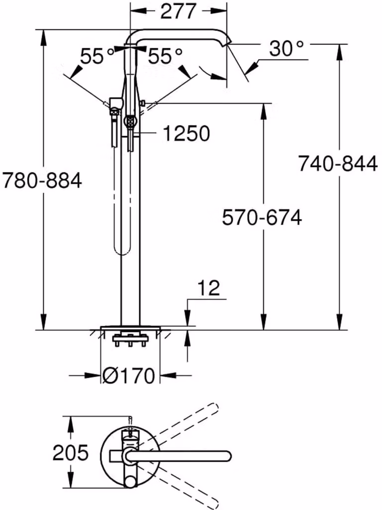 Grohe Essence Mitigeur monocommandé pour bain, montage au sol, orientable, saillie 277mm, avec accessoires, 25248001, 25248001