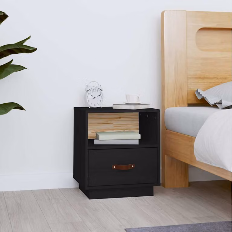 Comodino moderno vidaXL in legno massello di pino nero opaco L/P/H: 40 x 34 x 45 cm