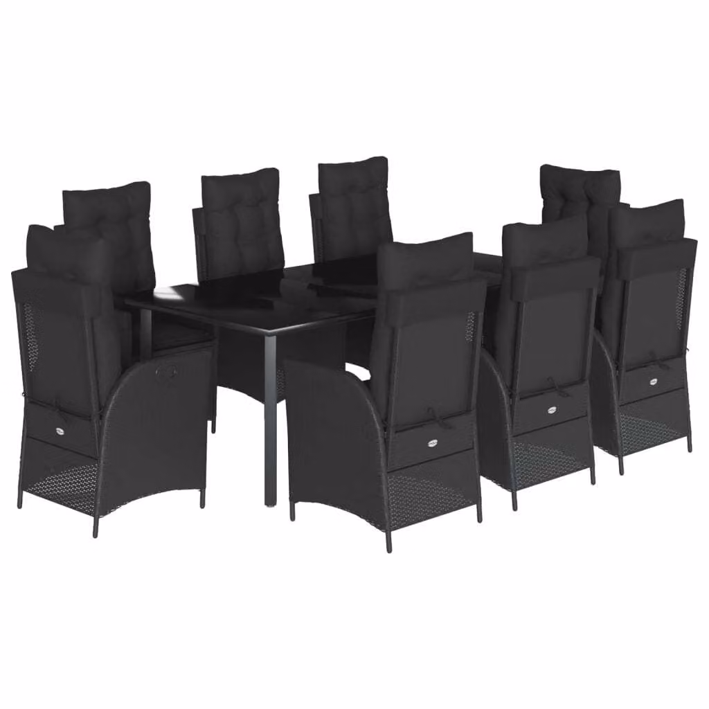 Set da Pranzo da Giardino 9 pz con Cuscini Nero in Polyrattan