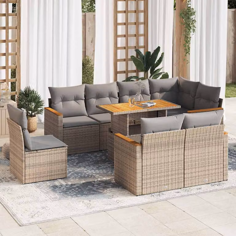 Set Divano da Giardino vidaXL 9 pz in Polyrattan e Legno di Acacia con Cuscini Beige e Tavolino da Esterno a Forma di L