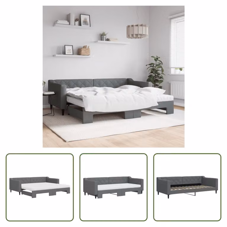 The Living Store Letto da giorno allungabile con materassi grigio scuro 90x200 cm in tessuto