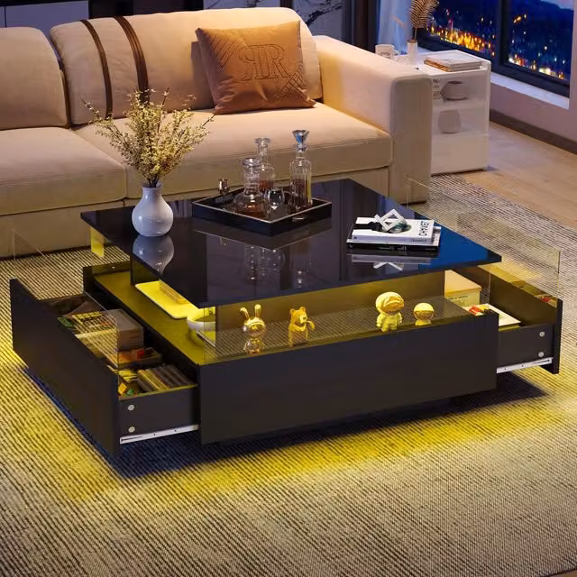 Tavolino basso fisso con LED regolabile via app 2 cassetti vano trasparente nero 70 × 70 × 41 cm