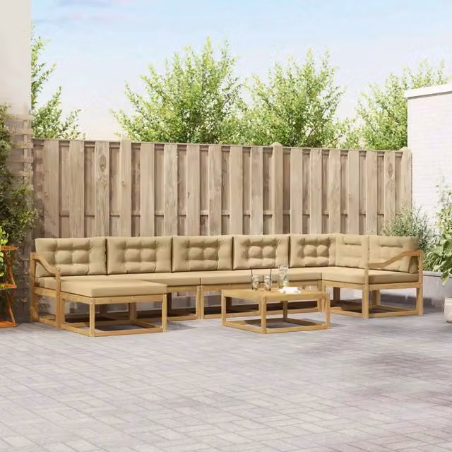 Set di divani da esterno moderno vidaXL in legno di acacia con tavolino e pouf, Bianco e Beige – 1