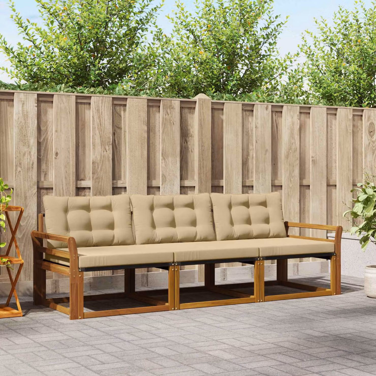 Set di divani da esterno vidaXL 3 pz in legno di acacia e tessuto textilene beige con cuscini rimovibili