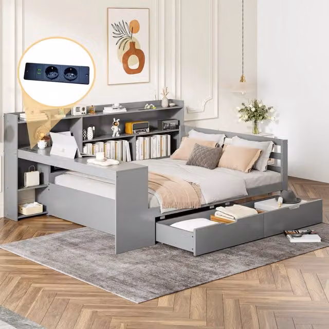 Letto divano 140 × 200 cm con scrivania, scaffali, 2 cassetti, prese USB e contenitore, senza materasso, grigio