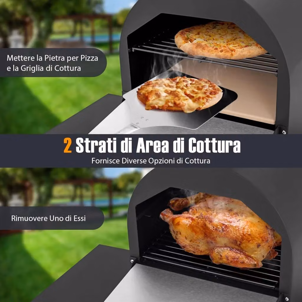 Forno per pizza da esterno Costway a legna con pietra da 31 cm, termometro e copertura impermeabile, colore nero – 2