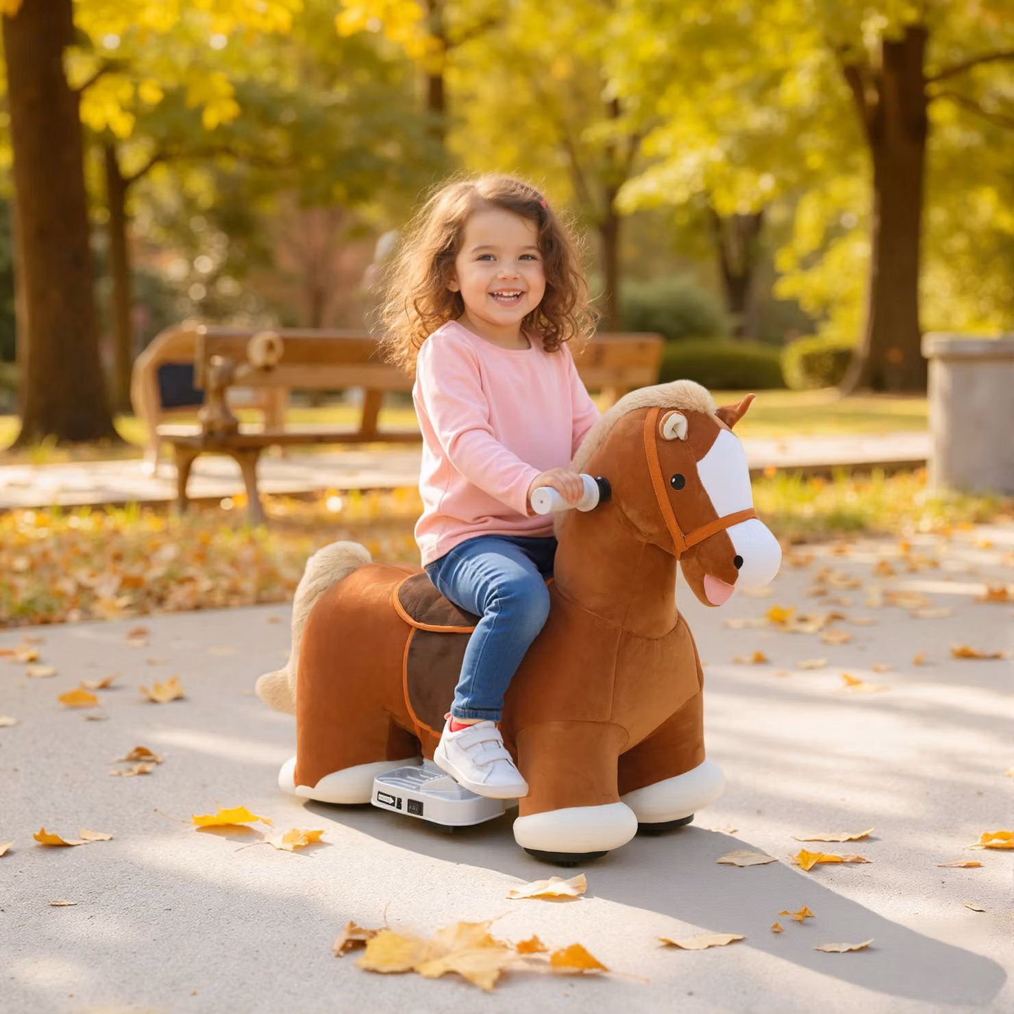 Cavallo Elettrico per Bambini AIYAPLAY in Peluche e Metallo con Pedali, Rotelle e Suoni, Marrone, L 74 cm x P 34 cm x H 51 cm – 2