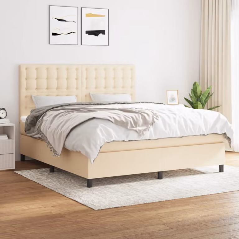 vidaXL Letto Ibrido con Giroletto a Molle e Materasso a Tasche in Tessuto Beige e Bianco L/P/H: 180 x 200 x 128 cm