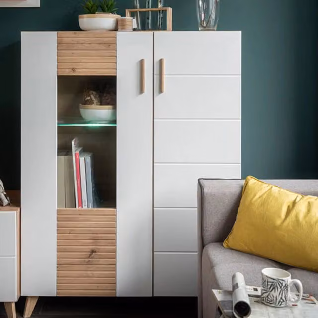 Mobile Espositore Cetona DMORA con Vetrina e 4 Ripiani, Marrone Rovere Nodi, L: 96 cm, P: 35 cm, H: 125.5 cm