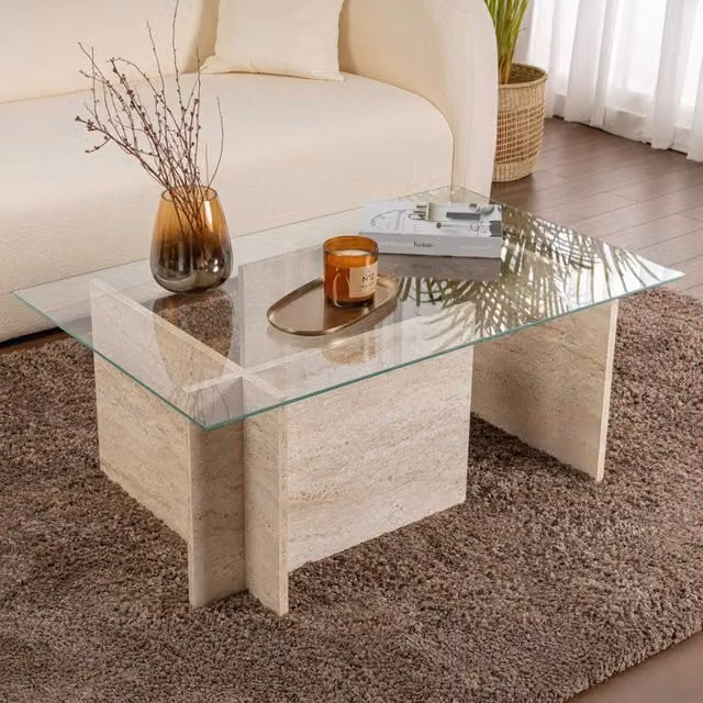 Tavolino da salotto moderno Azriel DMORA con piano in vetro trasparente e struttura beige L: 105 cm, P: 65 cm, H: 40 cm – 1