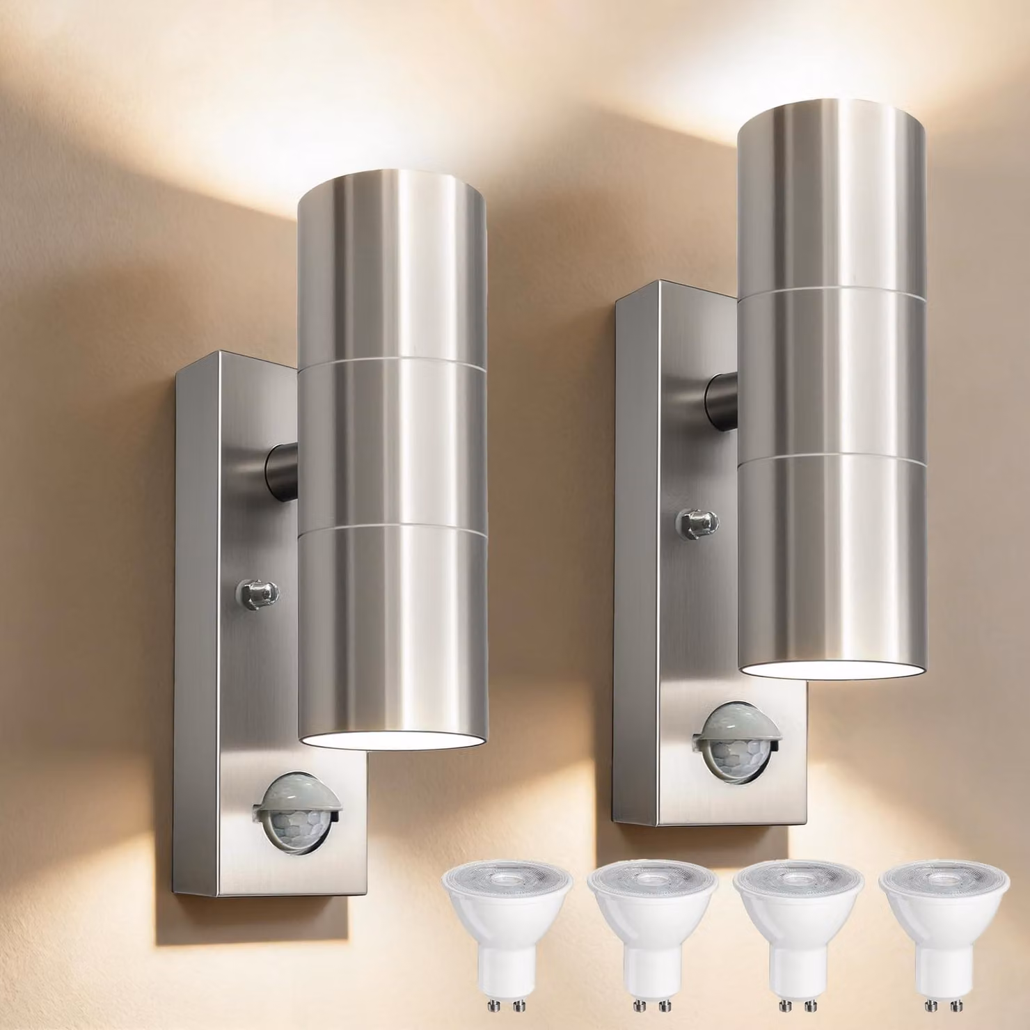 Apparecchio di illuminazione da esterno a parete, modello PIR, con attacco GU10, in acciaio inossidabile, grado di protezione IP54, 2 LED da 3000K, 10W, colore argento