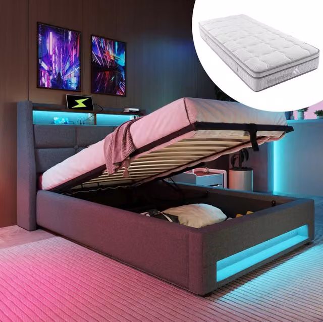 Letto imbottito 90x200 cm con USB e LED; grigio