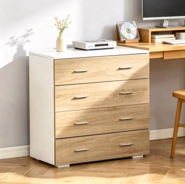 Mobile con 4 cassetti in pannello truciolare bianco e legno chiaro, ideale per soggiorno e camera da letto