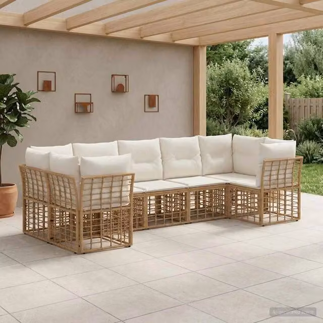 Set di divani da esterno 7 posti vidaXL in polyrattan beige con cuscini inclusi