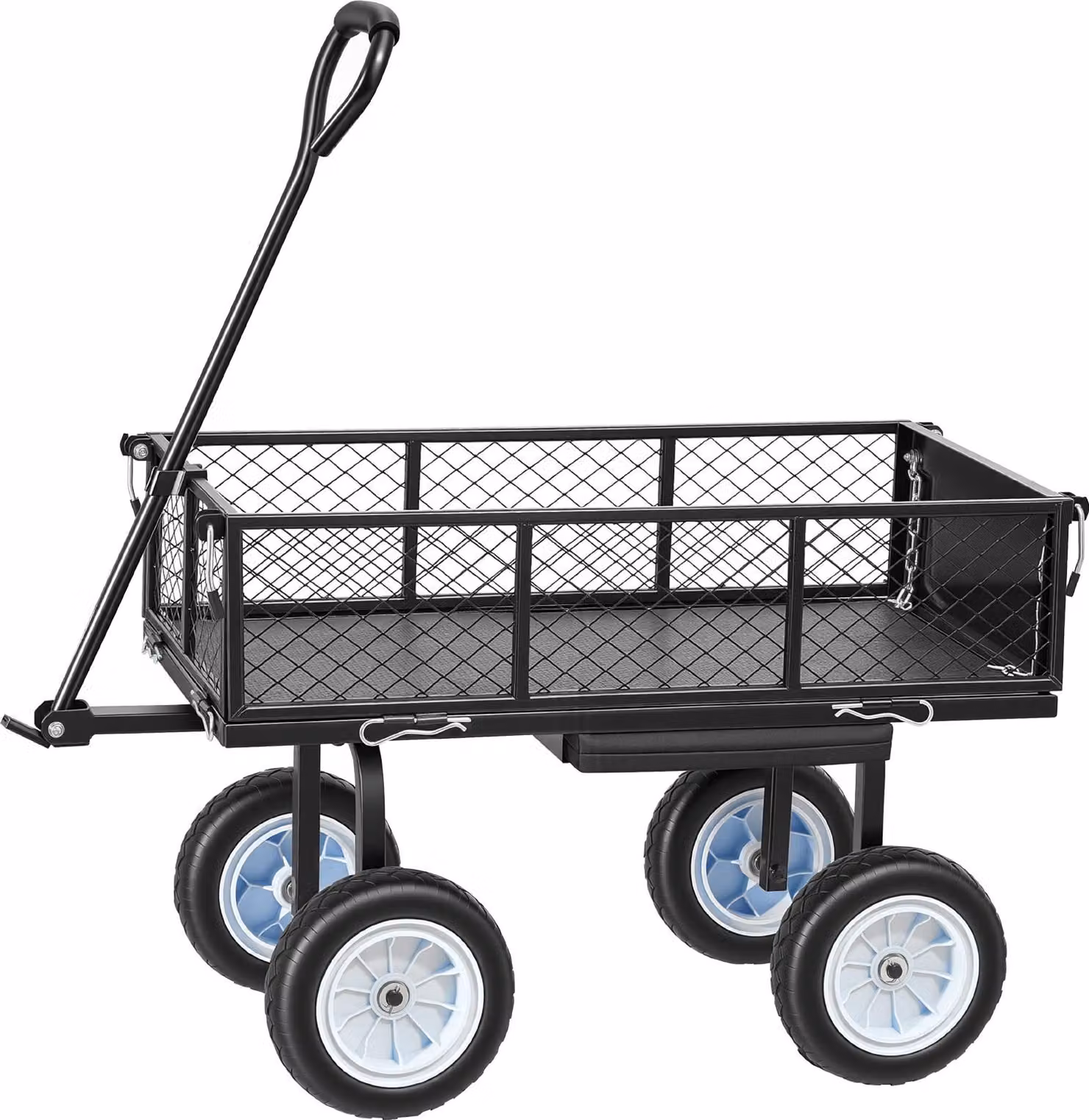 SucceBuy Carrello pieghevole con capacità di carico di 226,8 kg, carrello da giardino con sedile e ruote in PU, carrello di trasporto con ripiano per attrezzi e maniglia regolabile, ideale per prato, terrazza e giardino, nero