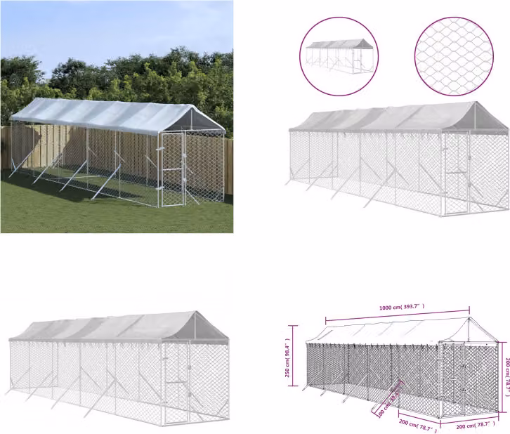 vidaXL Cuccia per cani da esterno con tetto argento 2x10x2,5 m in acciaio zincato - Cuccia per cani da esterno - Cuccia per cani da esterno - Cuccia per cani - Gabbia per cani