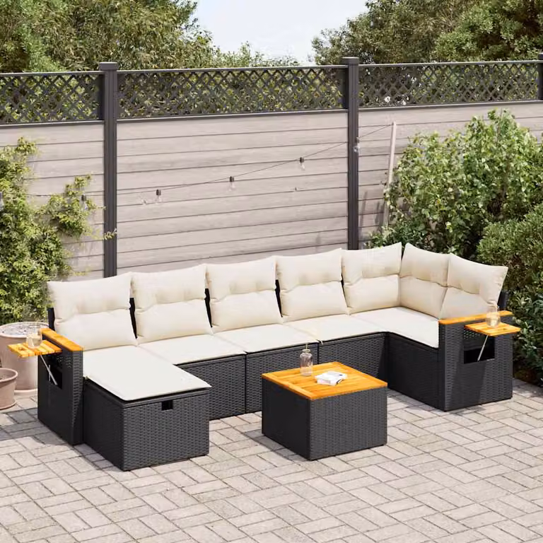Set Divani da Giardino vidaXL a Forma a U con 8 Pezzi, Polyrattan e Cuscini Bianchi e Nero