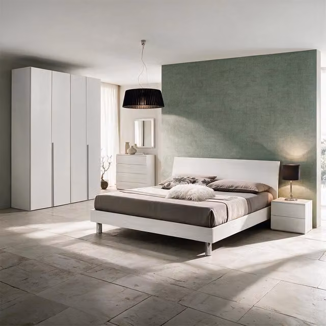 Camera da Letto Completa Urano Moderna in Legno Bianco con Armadio, Comò, Letto, Comodini e Specchio