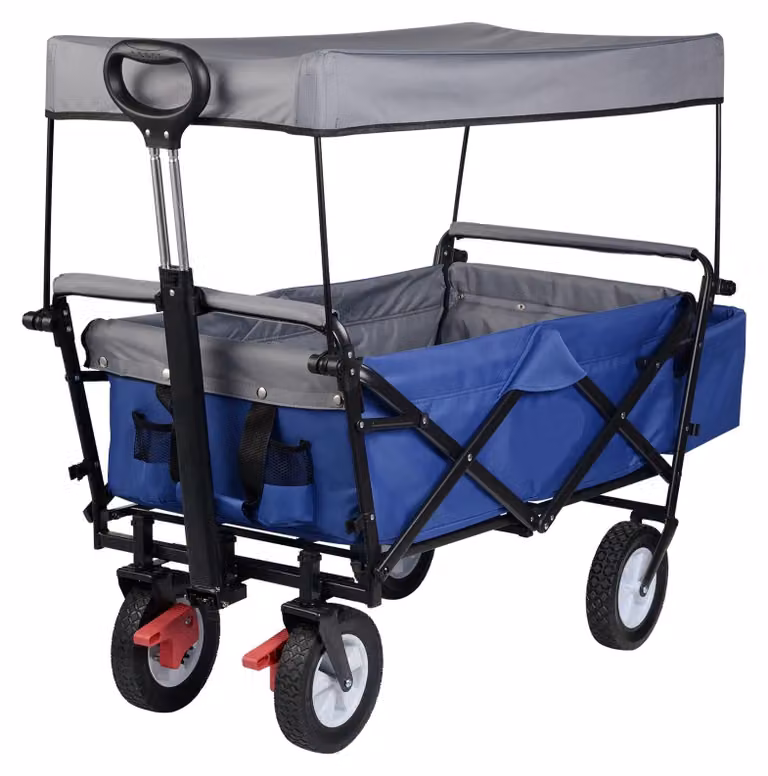 Carrello pieghevole per il trasporto di carichi - Carrello da giardino blu con tetto, ruote, freno e capacità di carico di 80 kg
