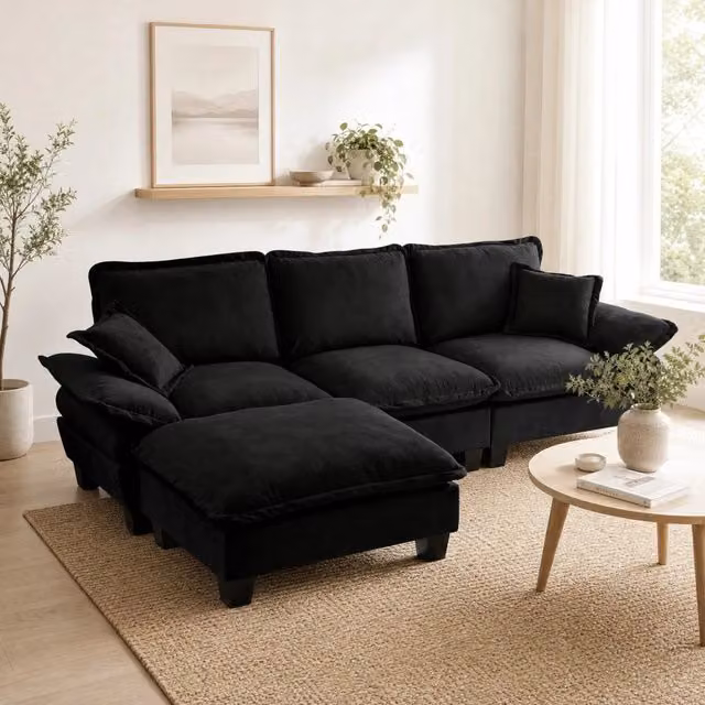 Divano modulare 263x155x90 cm con pouf removibile e braccioli imbottiti in ciniglia nero