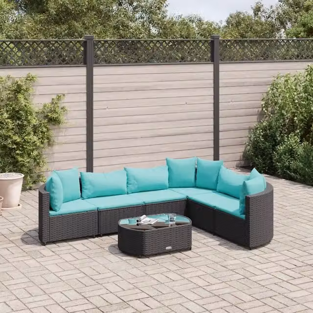 Set Divano da Giardino a L con Tavolino vidaXL, 7 Pezzi in Polyrattan con Cuscini, Colore Blu Turchese