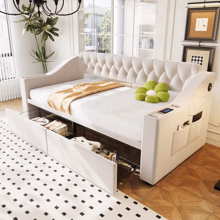 MODFU Divano letto 90x190 cm / divano letto con vano portaoggetti integrato nei braccioli, divano letto con porta di ricarica USB e cassetto portaoggetti, senza materasso, beige