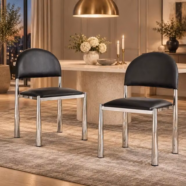 Sedia da pranzo ULEVR nera in PU con schienale semicircolare imbottito e gambe in metallo, altezza 80 cm