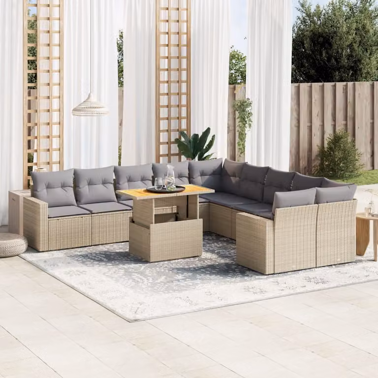 Set di divani da giardino vidaXL 11 pz in polyrattan con cuscini beige e tavolo da esterno a forma di L