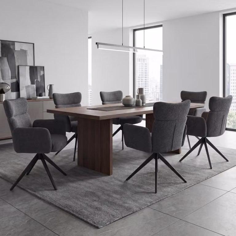 Set di 6 sedie da pranzo modello HWC-N11, sedia girevole con meccanismo di ritorno automatico, rivestita in tessuto bouclé (350g/m²), colore grigio scuro, gambe grigie scure