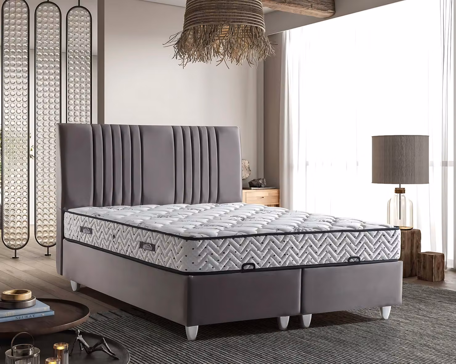Grau Textilbett mit Matratze modernes Design