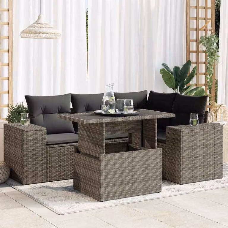 vidaXL Set Divano da Giardino 5 pz a Forma a L in Polyrattan Grigio con Cuscini e Tavolino