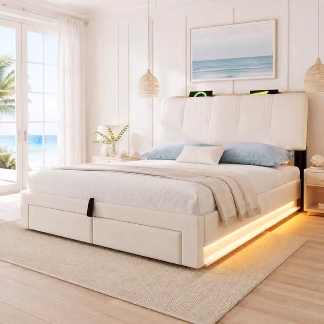 Letto contenitore Mivray con base a sollevamento, testiera imbottita, illuminazione LED, porte USB e Type-C, rivestito in tessuto beige, L/P/H: 218 x 140 x 142 cm