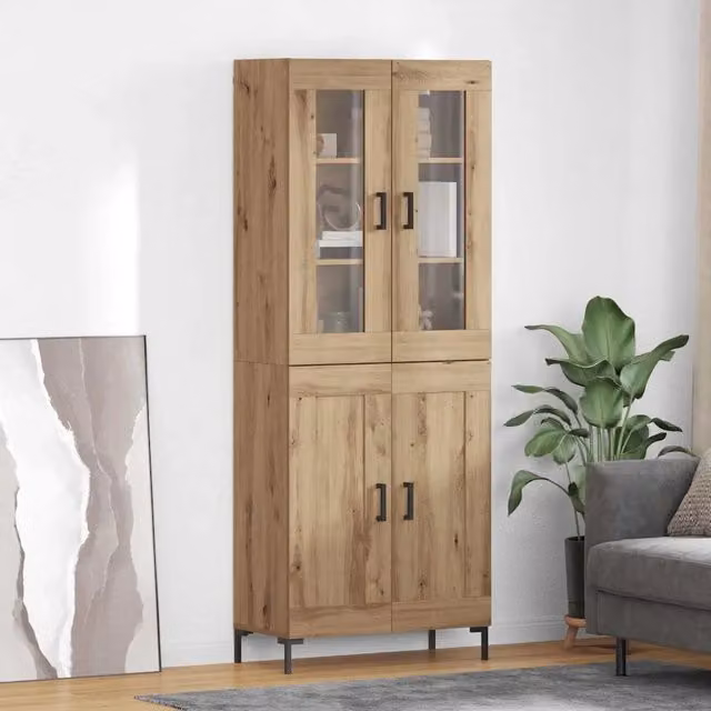 Set di 2 credenze moderne vidaXL in rovere marrone con ante in vetro per soggiorno e sala da pranzo L/P/H: 69,5 x 34 x 180 cm – 1