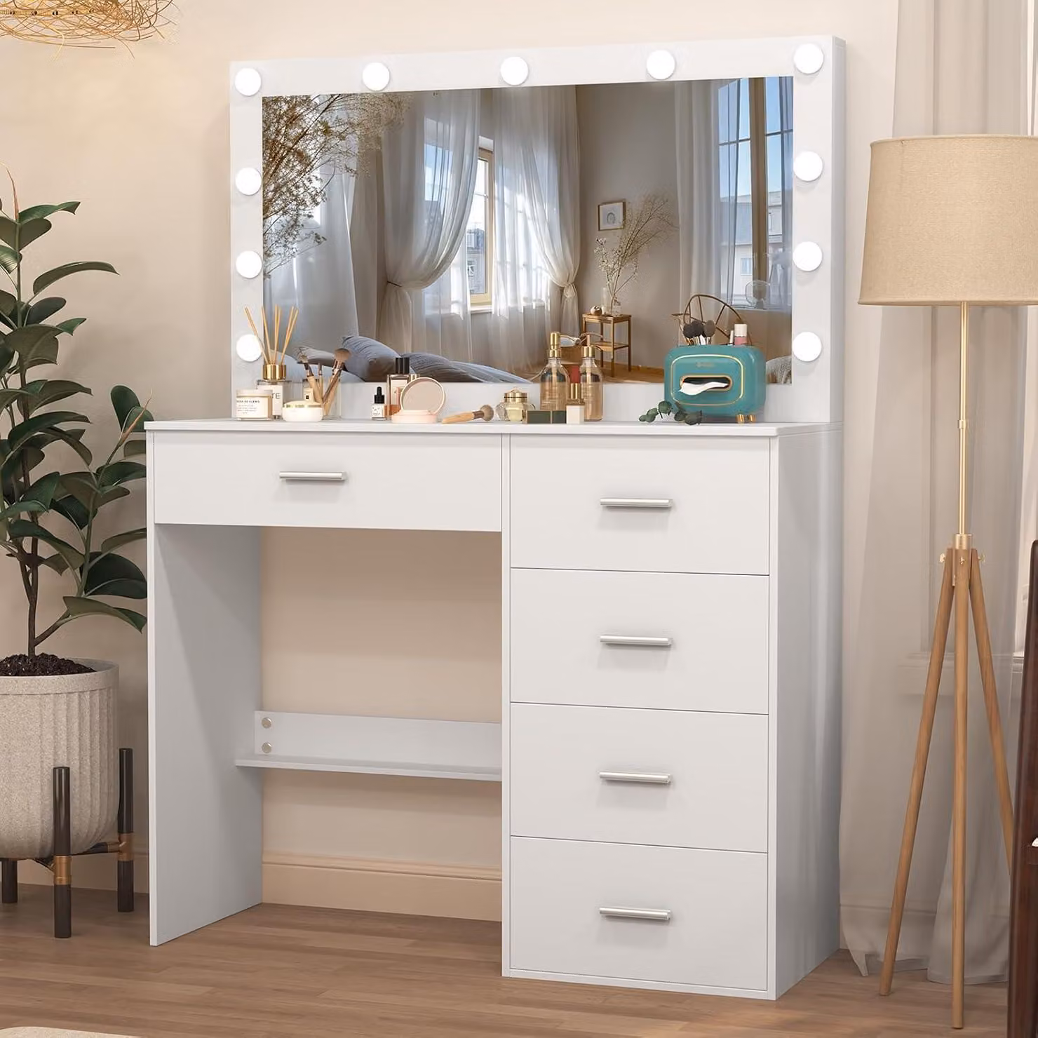 Comò da trucco con grande specchio e illuminazione a LED, 5 cassetti, bianco, 80 x 36 x 131 cm