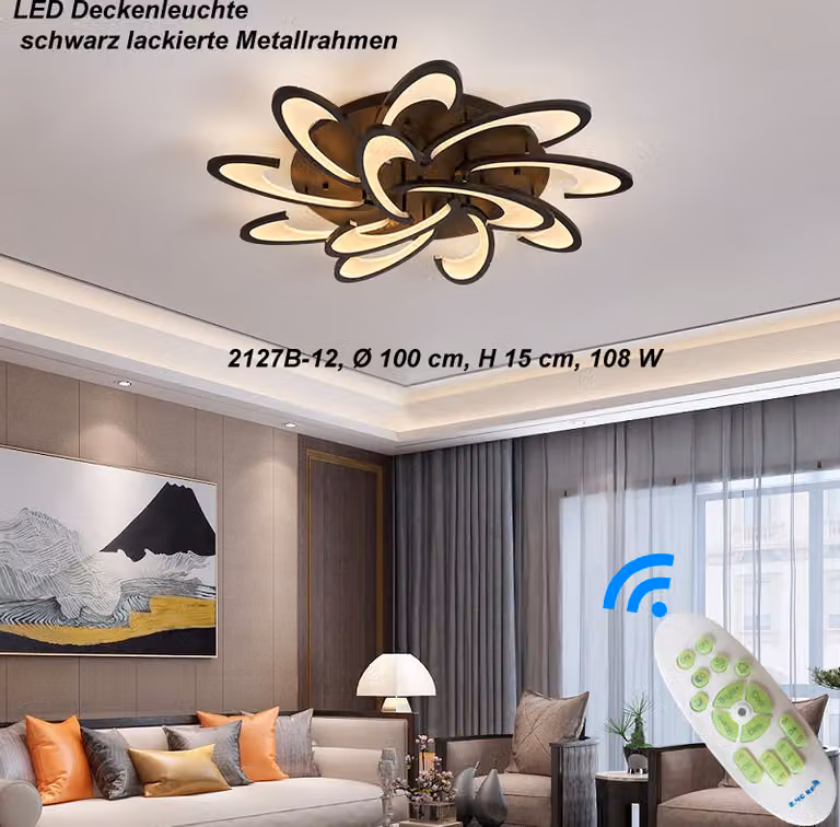 Plafoniera LED 2127Black-12 Ø 100 cm con telecomando Colore della luce/luminosità regolabile Paralume in acrilico struttura in metallo laccato nero (2127-12Black)