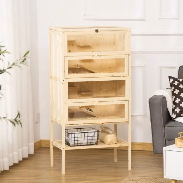 Gabbia per piccoli animali WISHDOR in legno e metallo con 5 livelli, tetto a griglia e finestre in plexiglas, colore beige, L: 60 cm, P: 40 cm, H: 120 cm